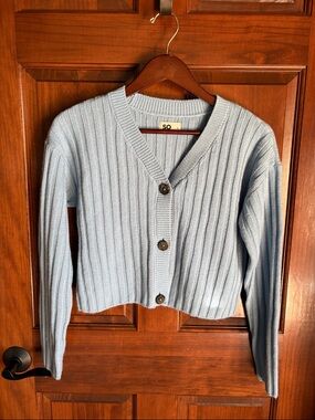 Light Blue Ribbed V-Neck Cropped Cardigan -Girls XL